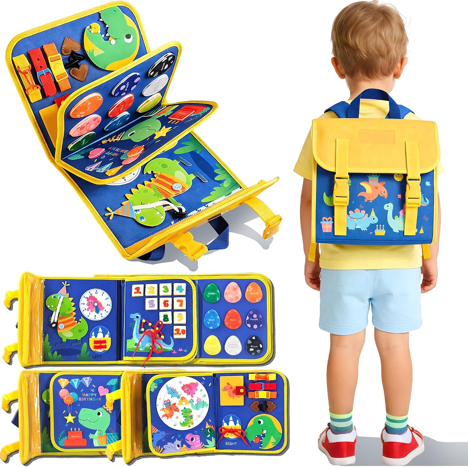 Drone Backpack - 恐竜幼児用ビジーボードバックパック、持ち運び可能な静かな学習アクティビティブック、車や飛行機旅行用の感覚玩具
